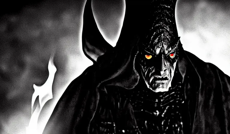 Image similar to the dark lord sauron, fire, in the style of akira kurosawa, cinematic, dramatic lighting, black and white, film grain