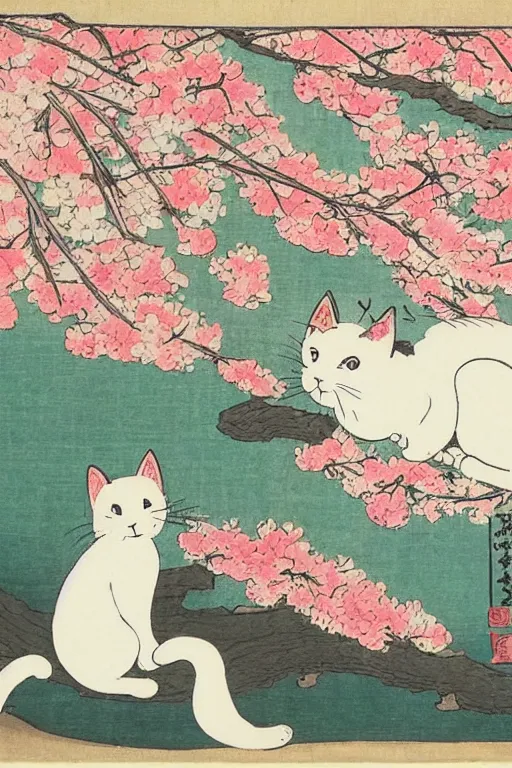 Prompt: white cat in sakura tree in the style of Utagawa Hiroshige