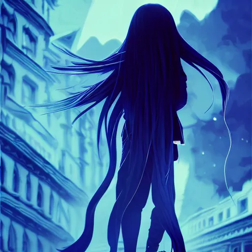 Image similar to low - angle shot from behind of a long blue - haired girl in a tailcoat overlooking hell, combat boots, noir, screenshot, sharp focus, intricate, illustration, cell shaded, digital painting, highly detailed, straight hair, art by ilya kuvshinov, wlop, greg rutkowski, studio quality, james jean