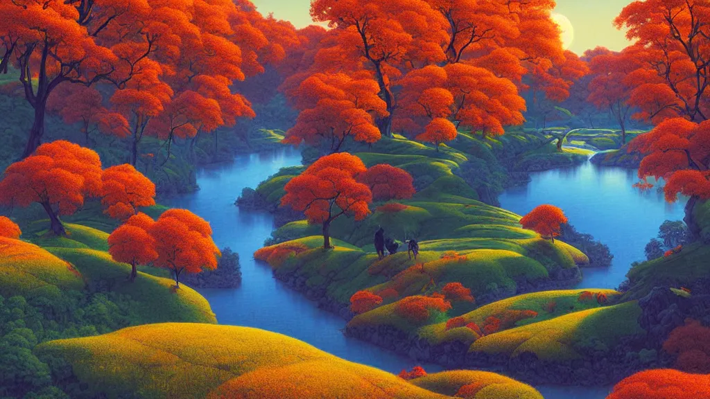 Image similar to digital painting of a lush river valley by gerald brom. blue river. autumn day. sunset. autumn hills. chiho aoshima. digital render. detailed. beautiful landscape.