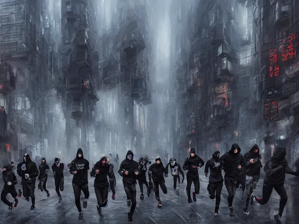 Image similar to a hyperrealistic matte painting of a group of rebellious hackers, clothed in techwear, running through the streets of a dystopian city, matte painting, intricate detail, polished, concept art, trending on artstation