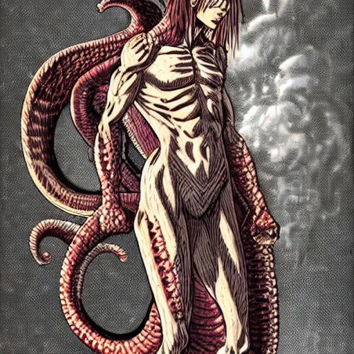 Image similar to a male naga, serpent body, kentaro miura art style