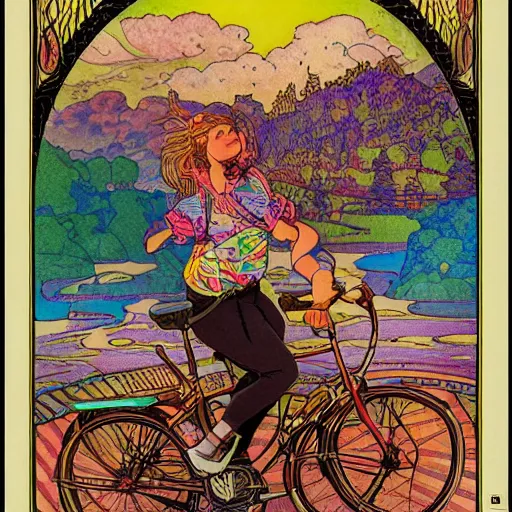 Image similar to hoffman bicycle trip, blotter art, in the style of robert crumb and lisa frank, studio ghibli, mucha, art nuevo, art deco, beautiful nature, serenity, cartoon, realistic, photograph, trending on artstation, vivid, surreal, beautiful, loving athmosphere