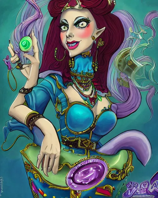 Image similar to the empress of licorice, monster, villainess, D&D character art, candyland, hearthstone, sharp detail, digital painting, character portrait, in the style of don bluth, frank cho, jack kirby, miyazaki, tony diterlizzi, wayne reynolds