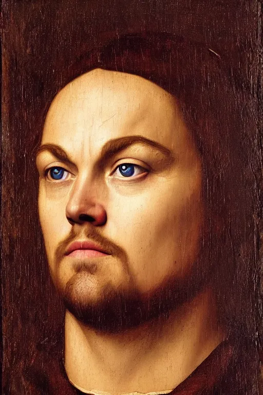 Prompt: portrait of leonardo dicaprio, oil painting by jan van eyck, northern renaissance art, oil on canvas, wet - on - wet technique, realistic, expressive emotions, intricate textures, illusionistic detail