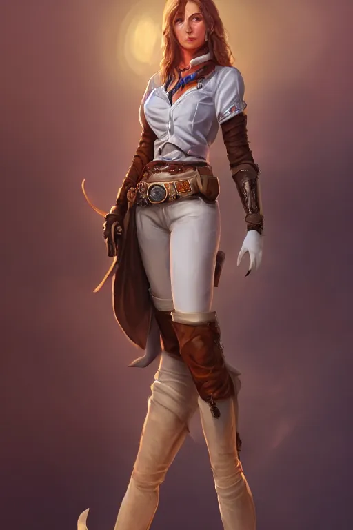 Image similar to full body, female cowgirl, perfect face, white blouse, holster, 8 k, magic the gathering, desert, d & d, artstation, high detail, smooth, sweaty