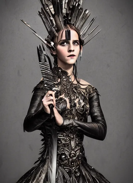 Image similar to expressive full body photo of a emma watson, headpiece made from knives, dress made of swords, glamour shot, by karol bak, by stefan gesell, photorealistic, canon r 3, fashion photography, hyper maximalist, elegant, ornate, luxury, elite, environmental portrait, symmetrical features, octane render, unreal engine, solid dark grey background, dramatic lights