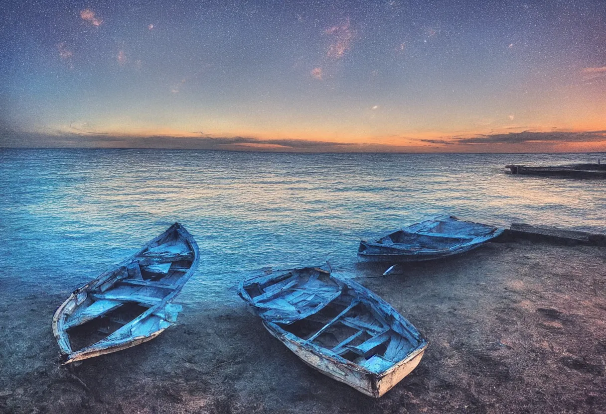 Image similar to “lonely boat in a calmed sea at dawn Milky Way dart blue tones clear water cinematic detail hdr”