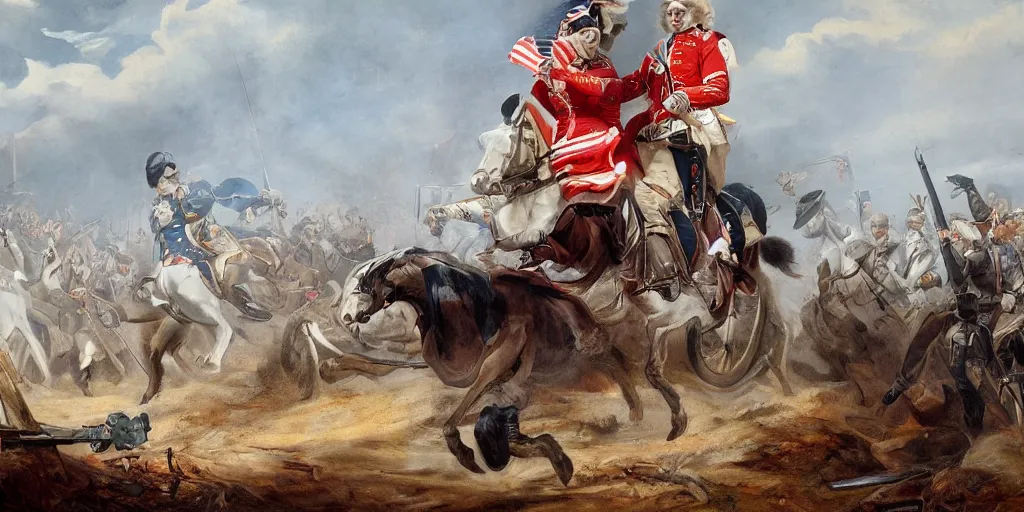 Image similar to George Washington rides a motorcycle to attack the British army in the revolutionary war, epic, cinematic, concept Art, detailed, 4K