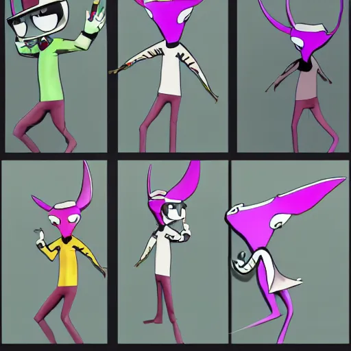 Image similar to character design sheets for a nonbinary gothic manta ray person who sells empty spray paint cans as a scam and is always covered in paint and clay and acting shady, designed by splatoon nintendo, inspired by tim shafer psychonauts 2 by double fine, cgi, professional design, gaming