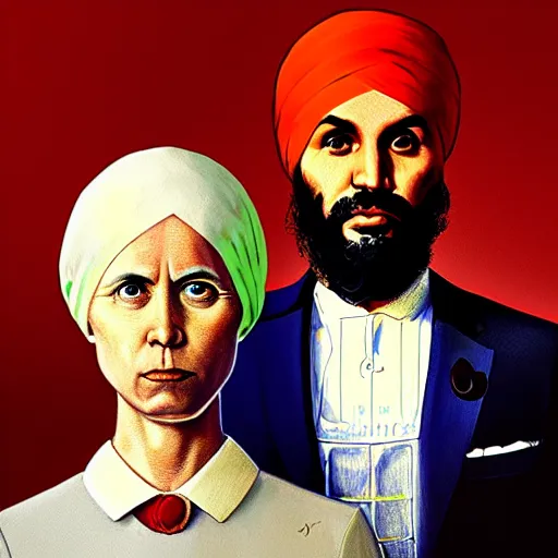 Image similar to Justin Trudeau together with Jagmeet Singh in the american gothic painting, concept art, sharp focus, highly detailed digital painting by Grant Wood, artstation