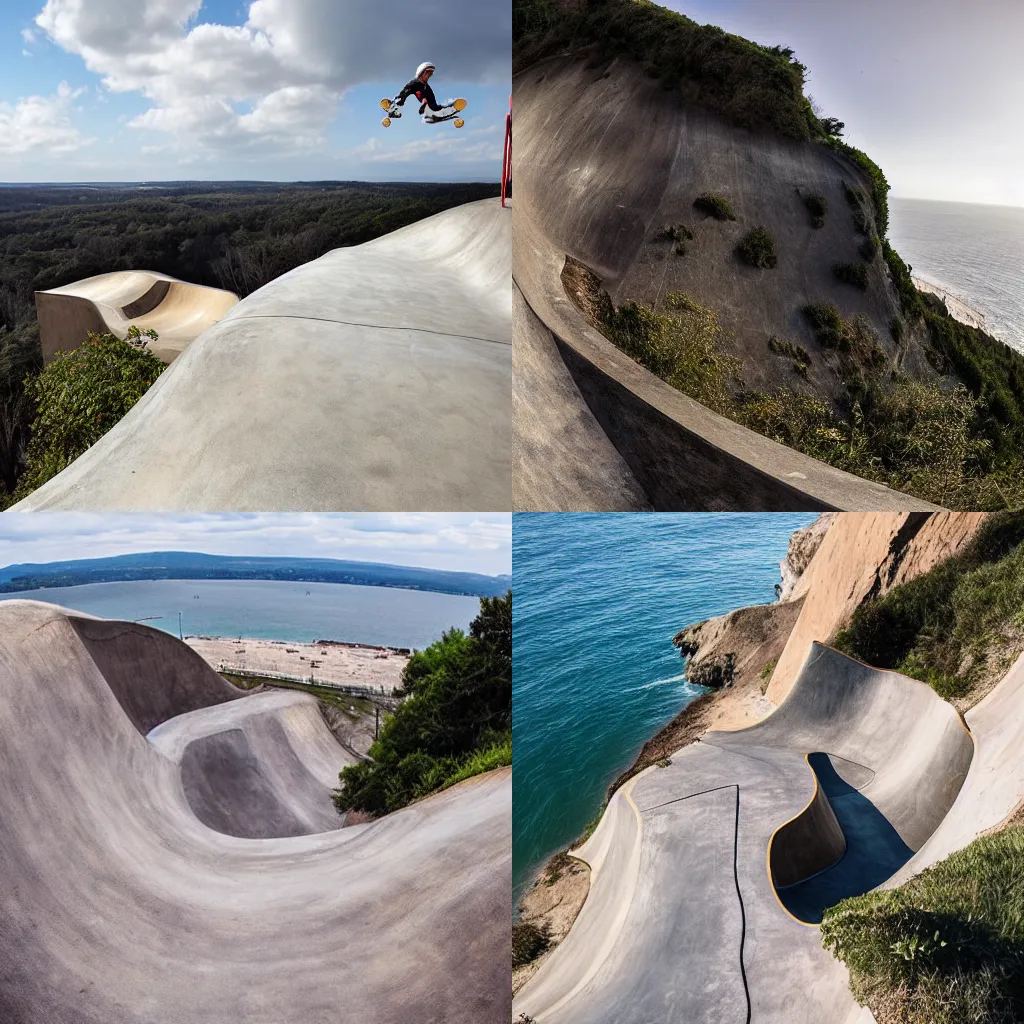 Prompt: a skate park on the edge of a cliff leading to hell