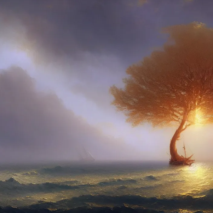 Image similar to a beautiful painting of the gold world tree on the sea by ivan aivazovsky and greg rutkowski and james gurney, in style of impressionism. dark fantasy, elden ring, hyper detailed, sharp focus, soft light. unreal engine 5. unreal engine 5 lumen. ray tracing. trending on artstation.