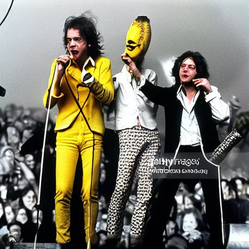 Image similar to bob geldof boomtown rats holding banana microphone, with banana costumed background singers, concert photo, getty images,