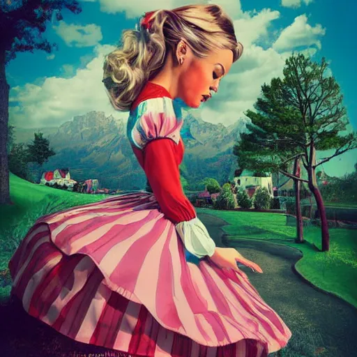 Image similar to a giant alice in wonderland, pin up, houses, trees, mountains, woman, city, digital art, photo