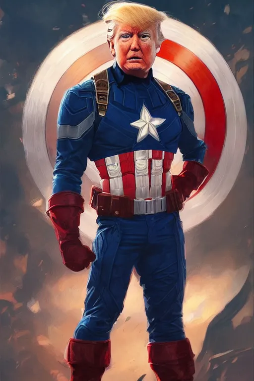 Prompt: Donald Trump as Captain America full body portrait, D&D, fantasy, intricate, elegant, highly detailed, digital painting, artstation, concept art, matte, sharp focus, illustration, art by Artgerm and Greg Rutkowski and Alphonse Mucha