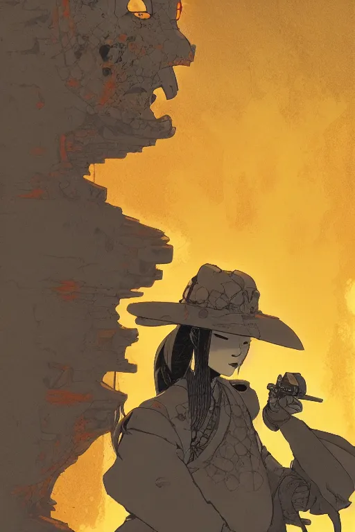 Prompt: interzone orange grey secret society, samurai girl at the crumbling temple by ashley wood and mike mignola and mike ploog and katuya terada and moebius, artstation, 4 k detailed post processing, footage