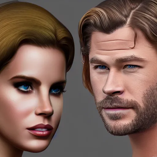 Prompt: lana del rey and chris hemsworth crossbreed, rendered in 3 d by xie boli, trending on artstation, 4 k, 8 k, photorealistic imagery, photorealistic details, intricate, highly detailed