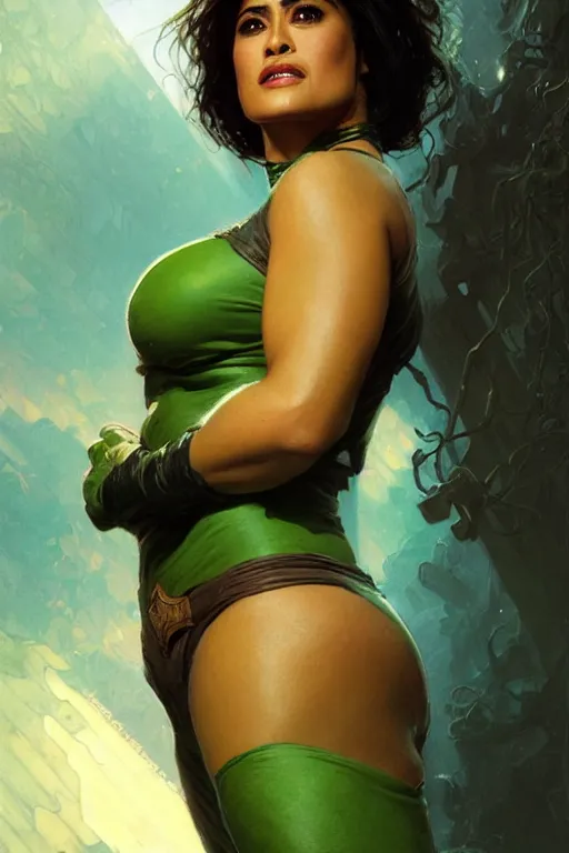 Image similar to selma hayek as she hulk profile picture by Greg Rutkowski, matte painting, intricate, fantasy concept art, elegant, by Stanley Artgerm Lau, golden ratio, thomas kindkade, alphonse mucha, loish, norman Rockwell,