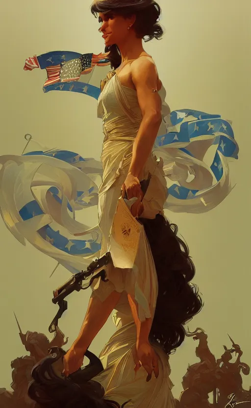 Image similar to personification of the united states of america, highly detailed, digital painting, artstation, concept art, sharp focus, illustration, art by greg rutkowski and alphonse mucha