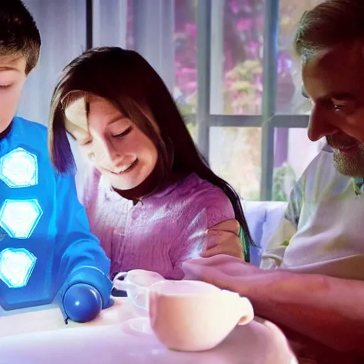 Image similar to a family scene from a future world where nanotechnology is ubiquitous