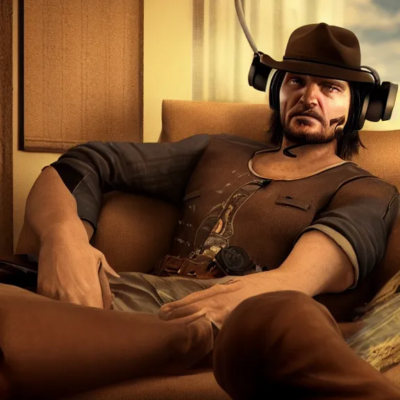 Image similar to john marston in his bedroom, playing pc games with gaming headphones on, photograph