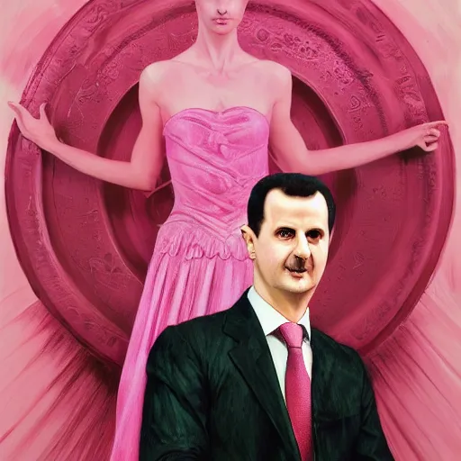 Prompt: bashar al assad wearing a pink ballerina tutu, posing for a ballerina dance, 3 d character art, symmetrical facial features, from arknights, hyper realistic, 4 k, rule of thirds, extreme detail, detailed drawing, trending artstation, realistic lighting, by alphonse mucha, greg rutkowski,