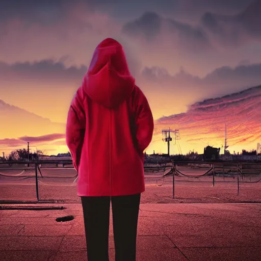Image similar to hooded jacket woman standing in front of a post apocalyptic city with burning red sky