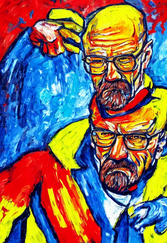 Image similar to expressionist painting of walter white on a motorbike, dynamic perspective, expressionist, colorful, clean, close up