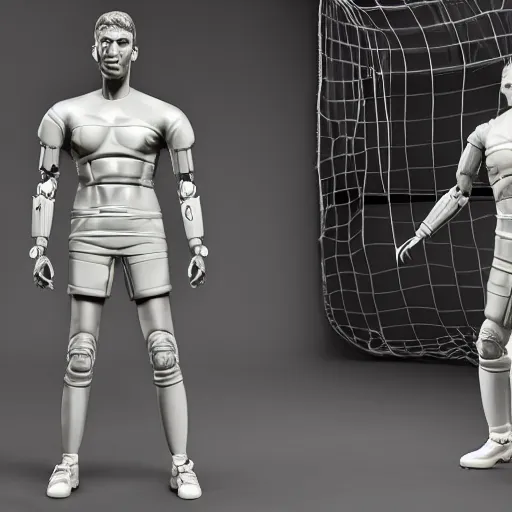 Image similar to a realistic detailed photo of a guy who is an attractive humanoid who is half robot and half humanoid, who is a male android, attractive and handsome soccer players, shiny skin, posing like a statue, blank stare, in a factory, on display, showing off his muscles, wearing soccer shorts, side view, looking at each other mindlessly