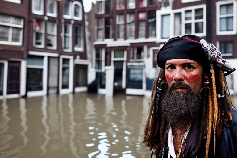 Prompt: closeup potrait of a pirate on a ship in a flooded amsterdam street, photograph, natural light, sharp, detailed face, magazine, press, photo, Steve McCurry, David Lazar, Canon, Nikon, focus