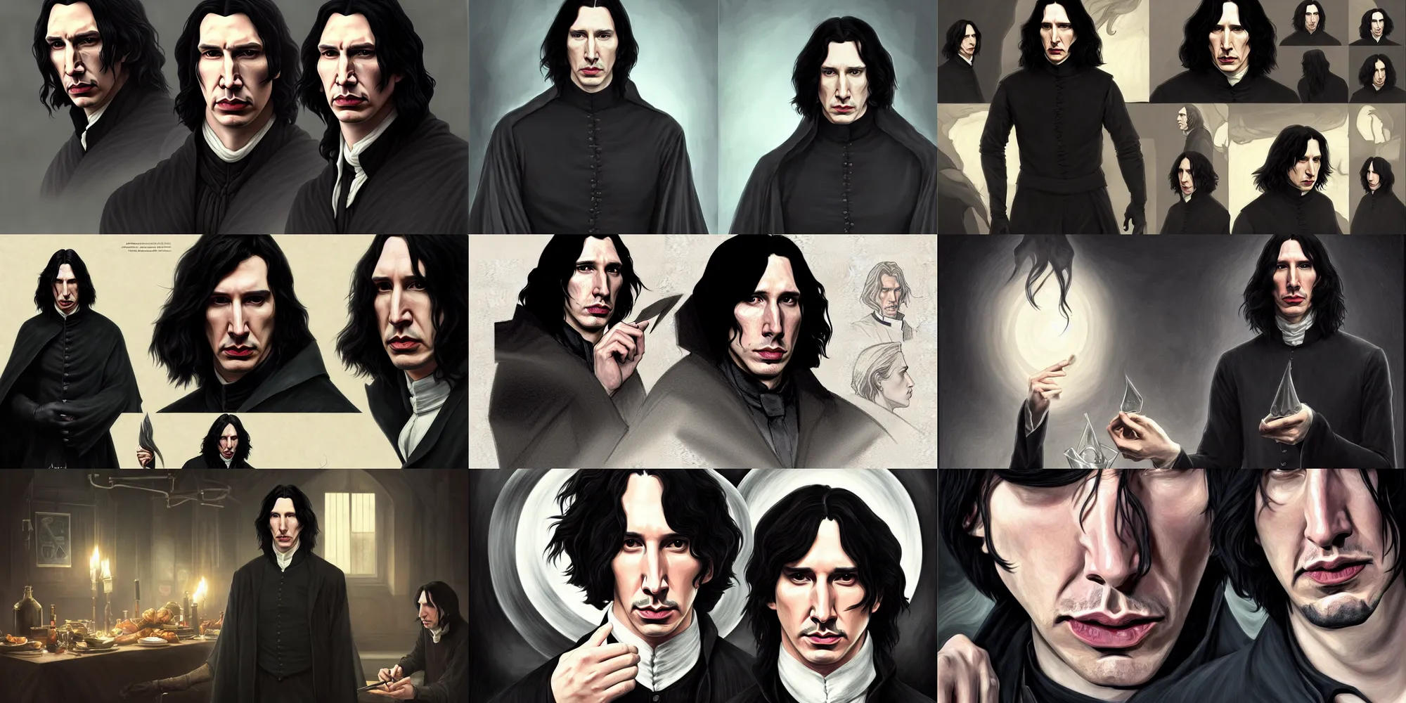 Prompt: adam driver as severus snape eating dinner, character sheet, character design, contrast, deep focus, turnaround, highly detailed, dramatic lighting, digital painting, artstation, concept art, matte, sharp focus, illustration, elegant, art by artgerm and greg f and alphonse mucha.