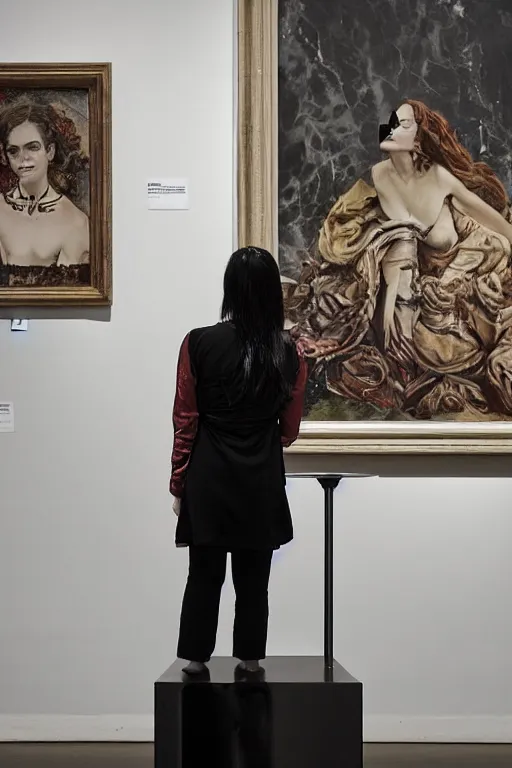 Image similar to emo woman standing on a small pedestal, as an exhibit in an art gallery, editorial photo