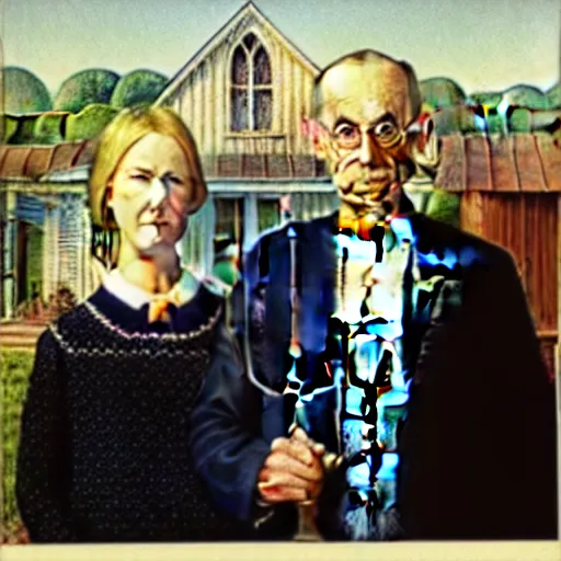 Image similar to An american gothic portrait of Benjamin Netanyahu grasping a pitchfork and Sara Netanyahu, by Grant Wood