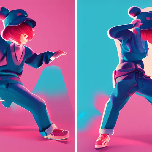 Image similar to bingo bango abstract statement piece on a set of twin ninja hypebeasts, by ilya kuvshinov and james jean and hiroya oku and gilleard james, artstation trending, 8 k, 3 d render, photorealistic, volumetric lighting caustics, pink