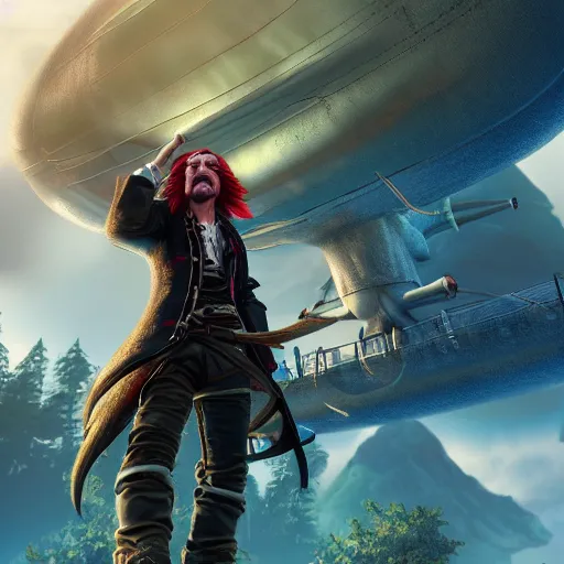 Image similar to male sky-pirate with long red hair standing in front of an airship, high detail face, realistic, ultra detailed, shallow focus, forest, mountains in the background concept art design as if designed by Wētā Workshop