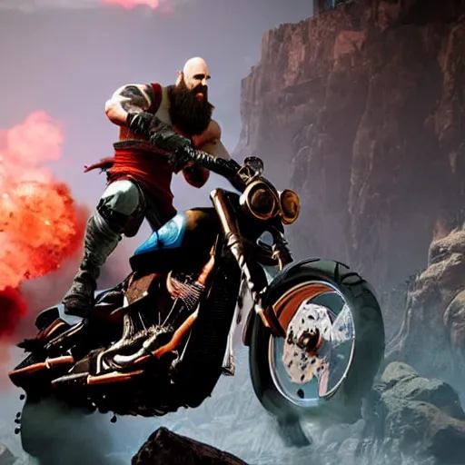 Prompt: kratos, jumping a black harley - davidson motorcycle off a cliff, cinematic render, playstation studios official media, god of war 2 0 1 8