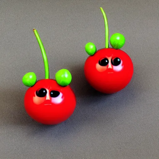 Prompt: pixar style pair of cherry berries, with faces and friendly look in their eyes, smiling