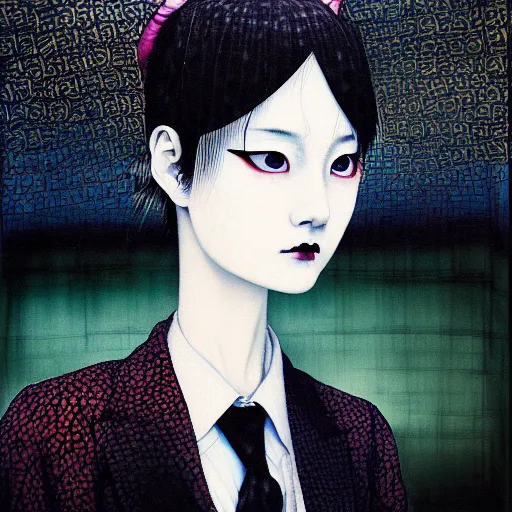 Image similar to yoshitaka amano blurred and dreamy realistic three quarter angle portrait of a young woman with black lipstick and black eyes wearing dress suit with tie, junji ito abstract patterns in the background, satoshi kon anime, noisy film grain effect, highly detailed, renaissance oil painting, weird portrait angle, blurred lost edges