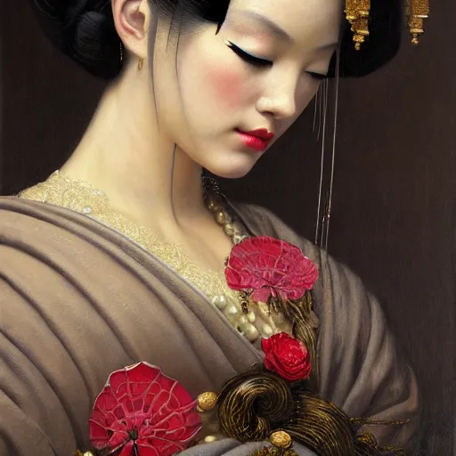 Prompt: highly detailed oil painting | very intricate | cinematic lighting | award - winning | portrait of geisha dressed by alexander mcqueen | by roberto ferri, by tom bagshaw, by j. c. leyendecker and klimt, american romanticism, by austin osman spare, artstation, cgsociety, official art, octane