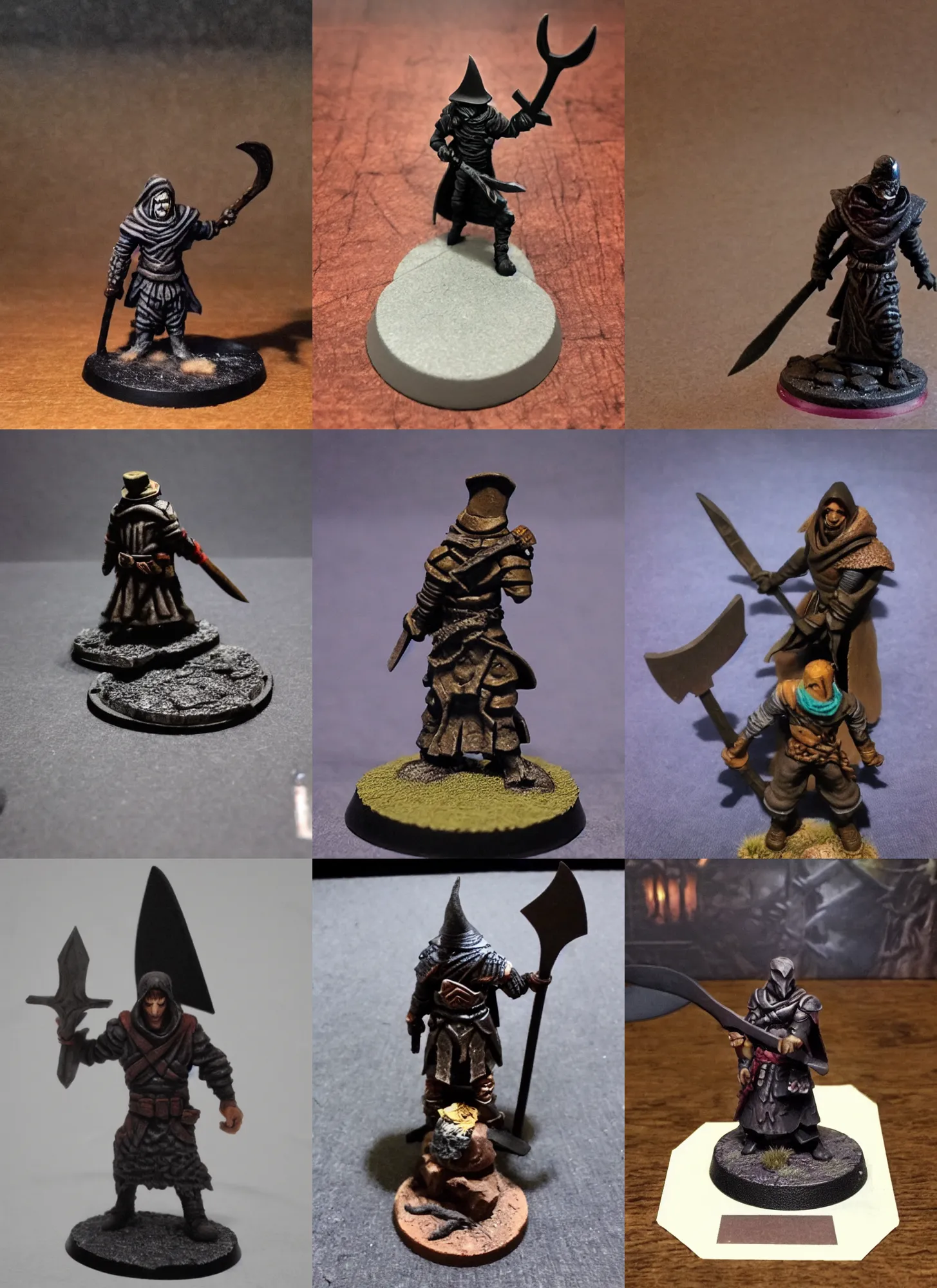 Prompt: hatchet gloomhaven, dnd character, long winter clothes, dark figure with axe, wearing a hat obscuring his face