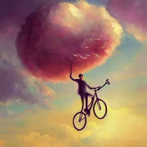 Prompt: A whimsical painting of a happy man flying in the sky on his bicycle in the clouds, expressive oil painting, digital art by Ross Tran