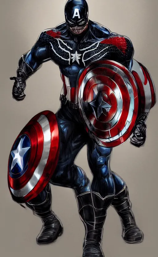 Image similar to full body portrait of venom as captain america, dynamic lighting, cinematic, ultra detailed, trending on art station, stunning visuals, creative, fantasy concept art