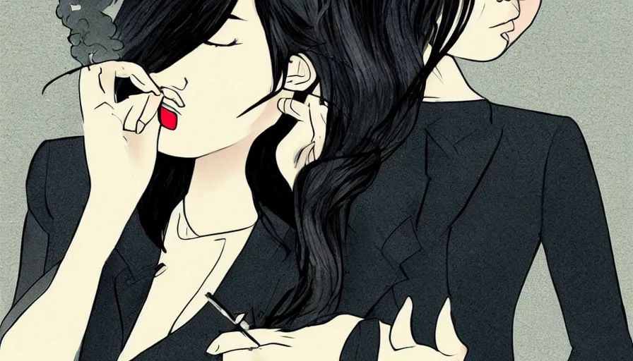 Prompt: a beautiful woman smoking, wearing a suit, street at night, asian, long black hair, illustration, wolp style