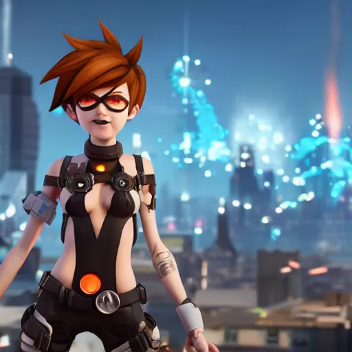 Image similar to tracer, standing on rooftop, wearing spiked choker, 4 k, detailed, smiling at camera, detailed eyes, confident stance, detailed face, feminine face, burning exploding city in background