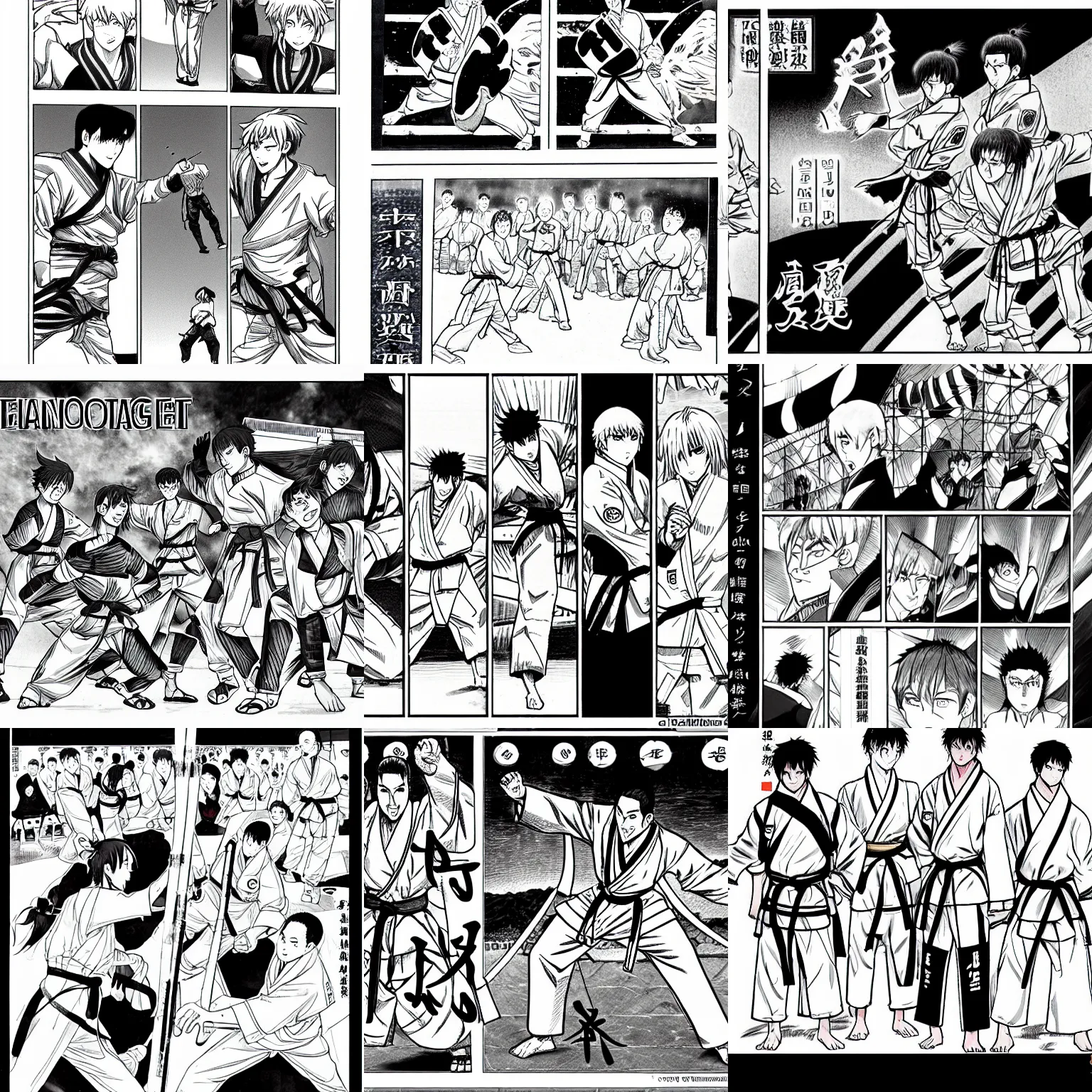 Prompt: manga page depicting martial artists in arena