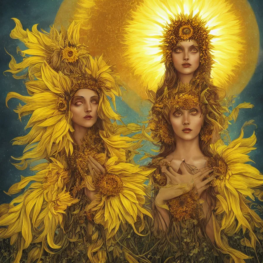 Image similar to The goddess of sunflower wearing an helianthus golden crown and presiding over the rays of the sun, by Anato Finnstark, Tom Bagshaw, Brom