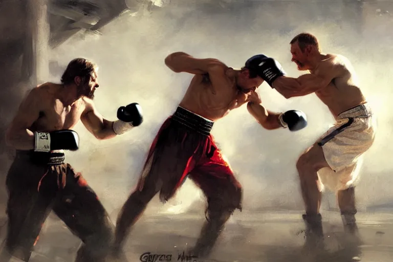 Image similar to jesus christ boxing with vladimir putin, fist fight, detailed faces, in battle by anders zorn, wonderful masterpiece by greg rutkowski, beautiful cinematic light, by greg manchess, jessica rossier