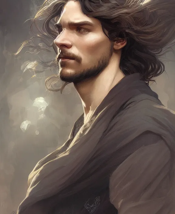 Image similar to portrait close up of guy, concentrated look, symmetry, long hair. d & d, fantasy, intricate, elegant, highly detailed, digital painting, artstation, concept art, art by artgerm and greg rutkowski and alphonse mucha, boris vallejo