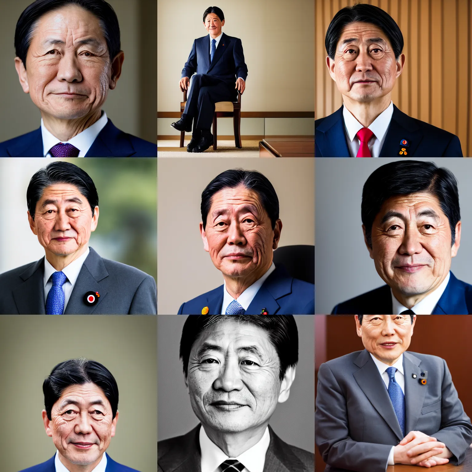 Prompt: a portrait photograph of commanding, confidant, presidential, 5 5 year old japanese politician, canon 8 5 mm f 1. 2 photograph